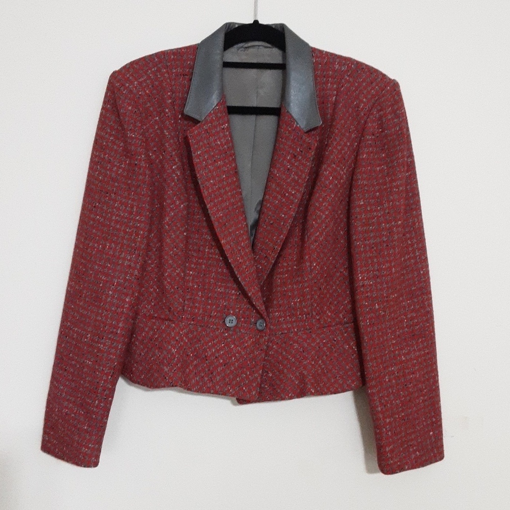 Vintage Bagatelle blazer jacket women M tweed leather trim gray red event office
